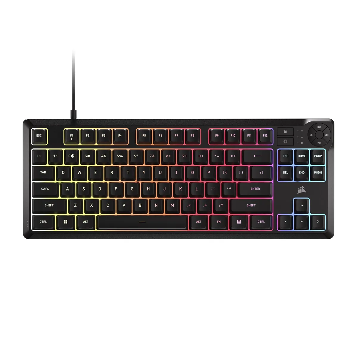 Compact black tenkeyless membrane keyboard with 8-zone RGB lighting and dedicated media controls