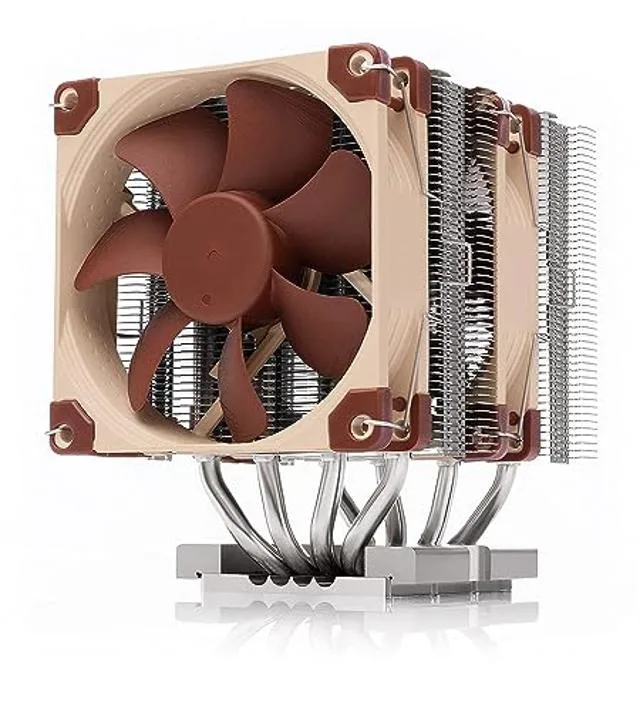 Compact brown dual-tower CPU cooler with two 92mm fans, 134mm tall