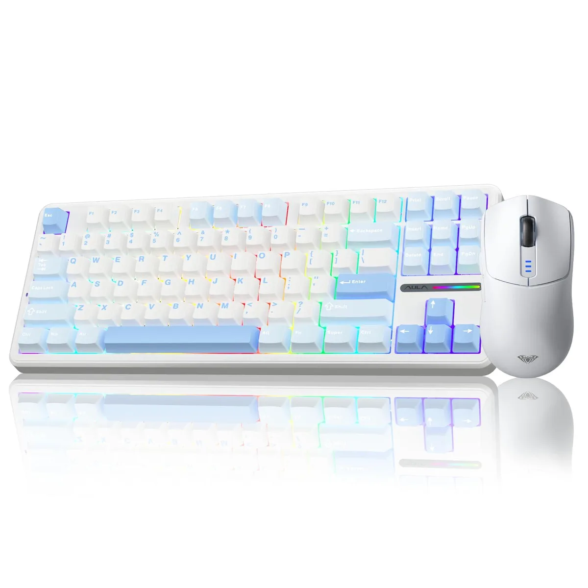 White 75% wireless mechanical keyboard and matching ambidextrous mouse with tri-mode connectivity