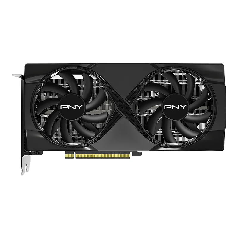 Black dual-fan graphics card, silver shroud, metal backplate, PCIe bracket with HDMI and three DisplayPorts