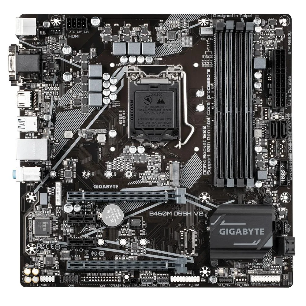 Green Micro ATX motherboard with silver CPU socket, four black DIMM slots, PCIe x16 slot, rear I/O shield, SATA ports, matte black PCB
