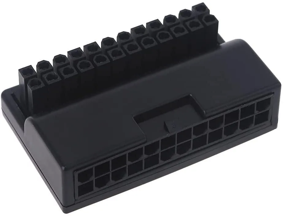 Black 24-pin 90-degree power adapter, rectangular block 58 by 37 by 18 mm
