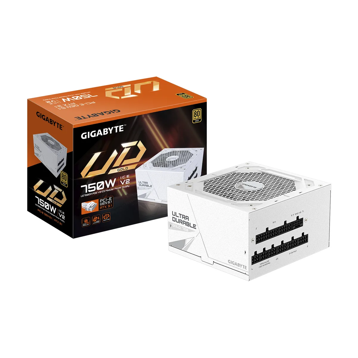 White rectangular ATX power supply with a 120mm fan grille and gold certification badge