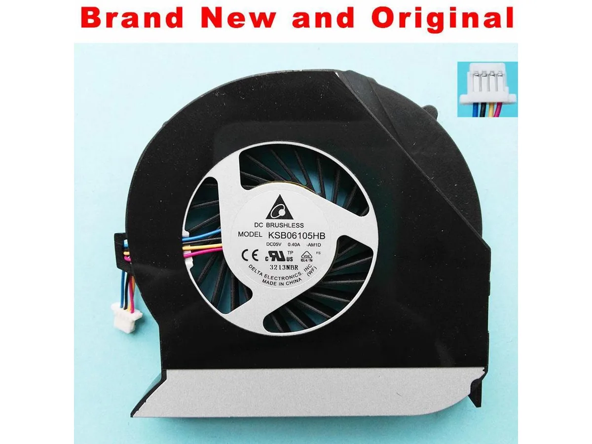 Small black laptop CPU cooling fan with plastic housing and wire connector