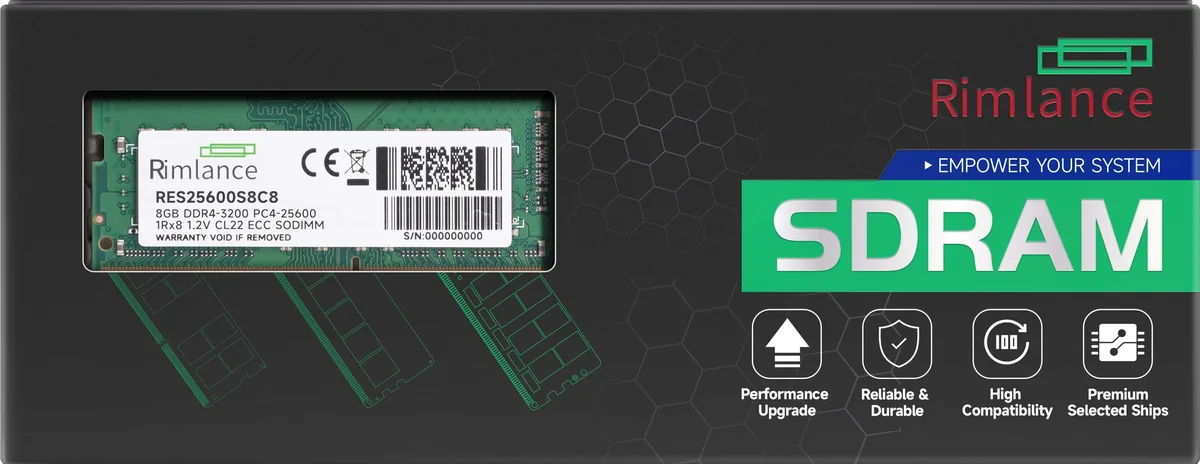 Green circuit board SODIMM module with black memory chips and gold edge connectors