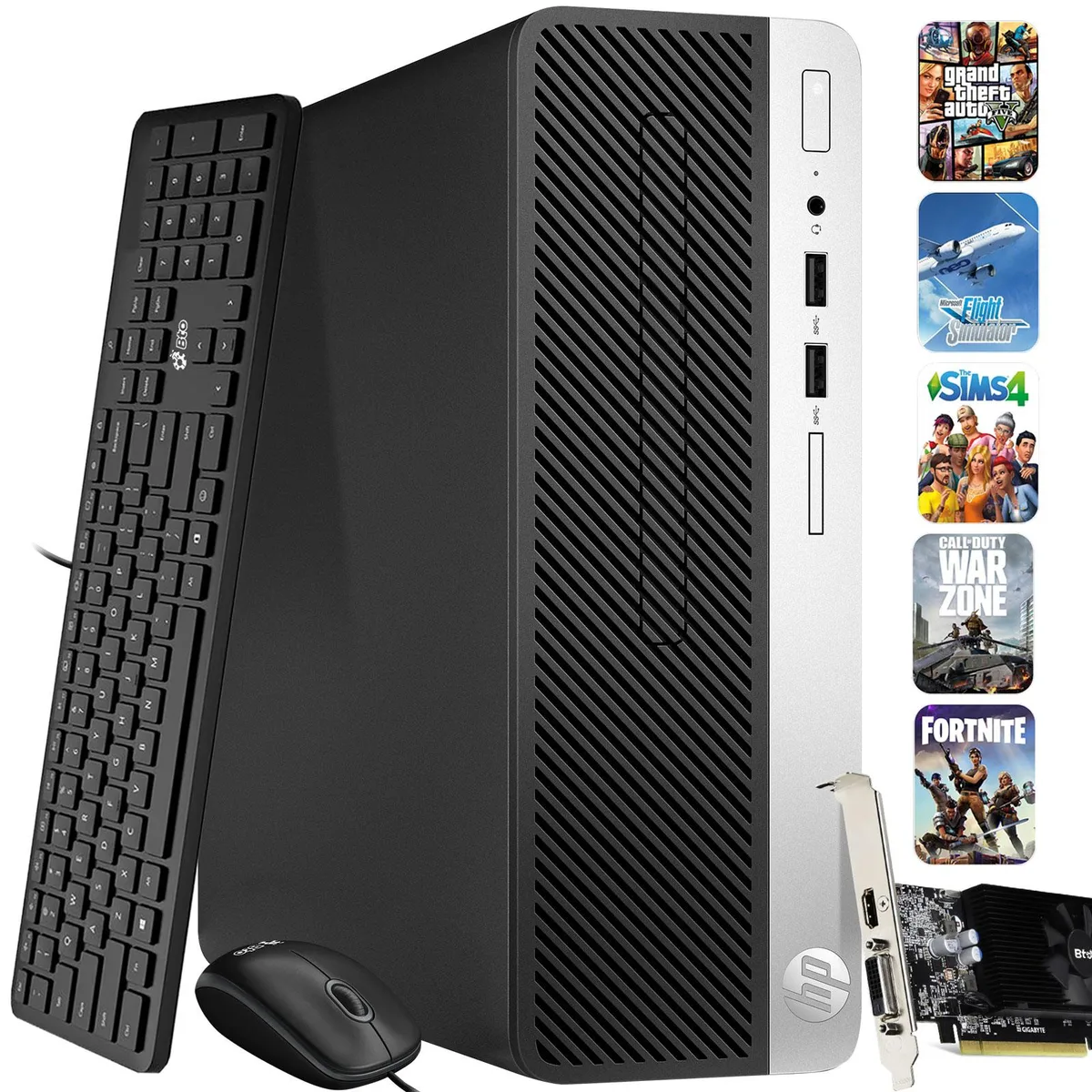 Black small-form-factor desktop tower with wired keyboard and mouse
