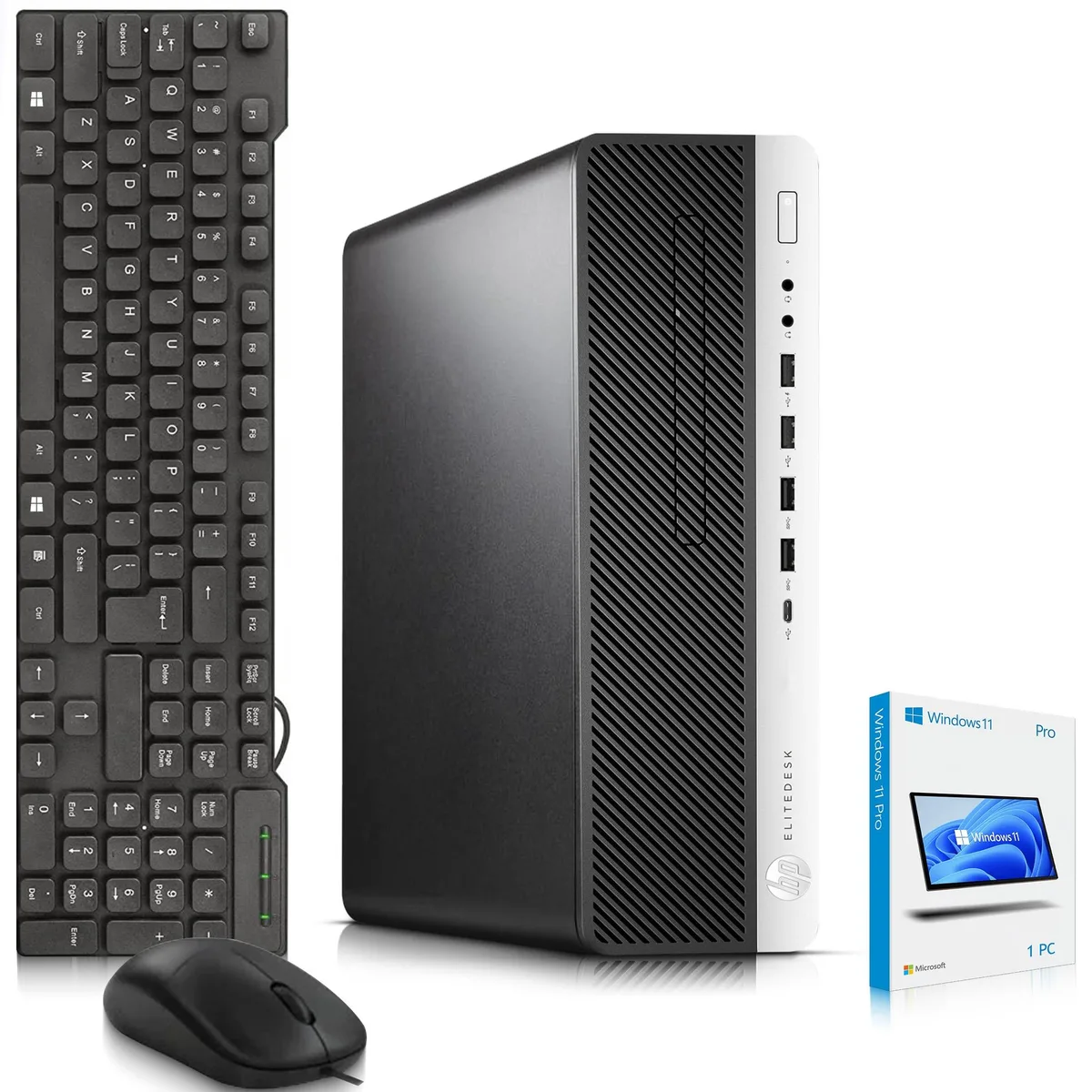 Small black desktop tower with wireless keyboard and mouse