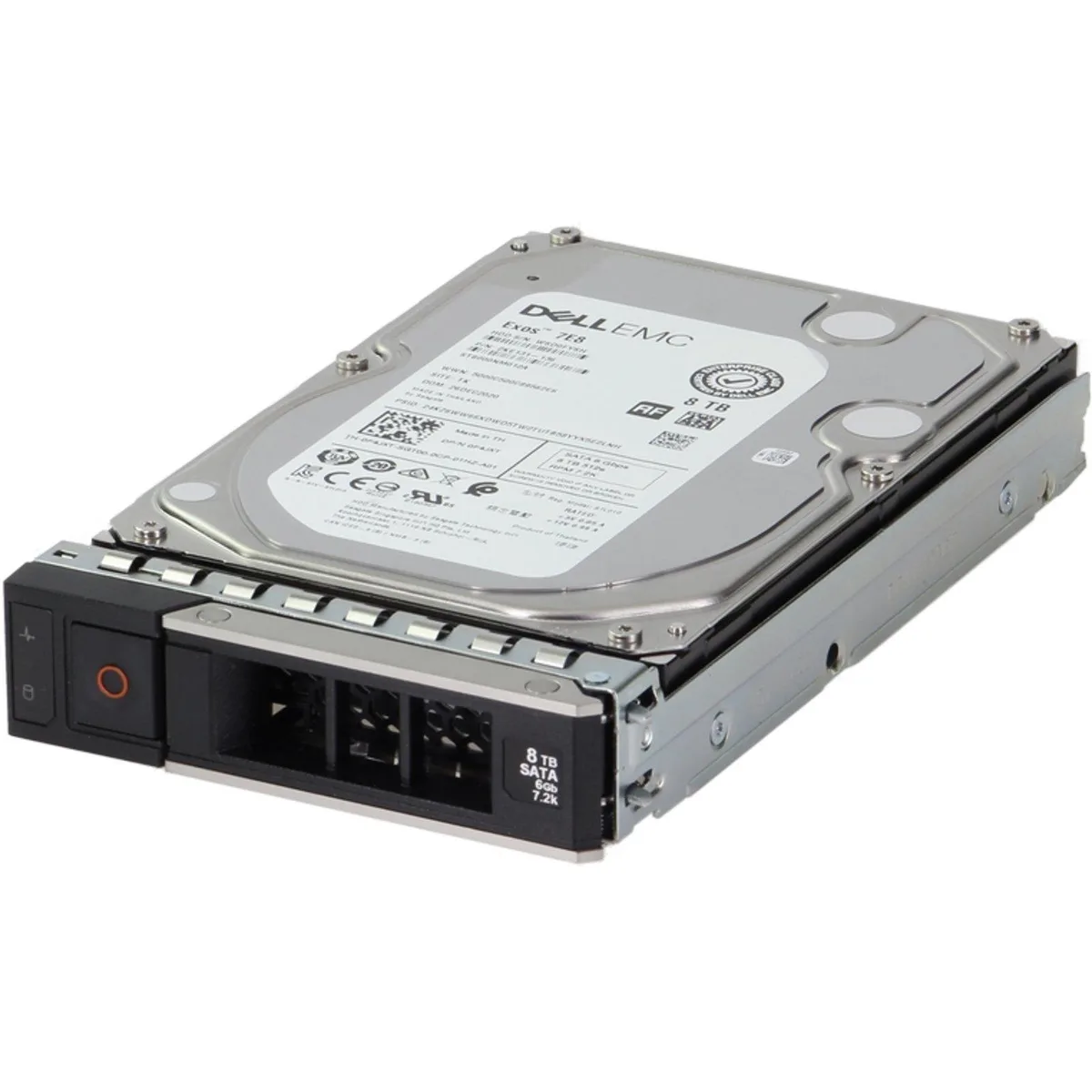 Silver 3.5 inch hard drive with green circuit board and SATA connectors
