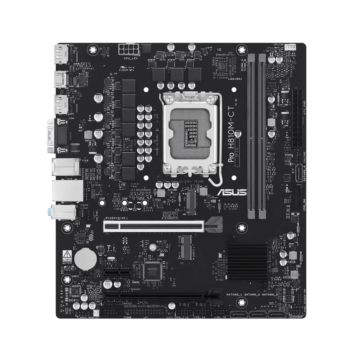 Green Micro-ATX board with silver LGA 1851 socket, two black DDR5 slots and a single PCIe 5.0 x16 SafeSlot