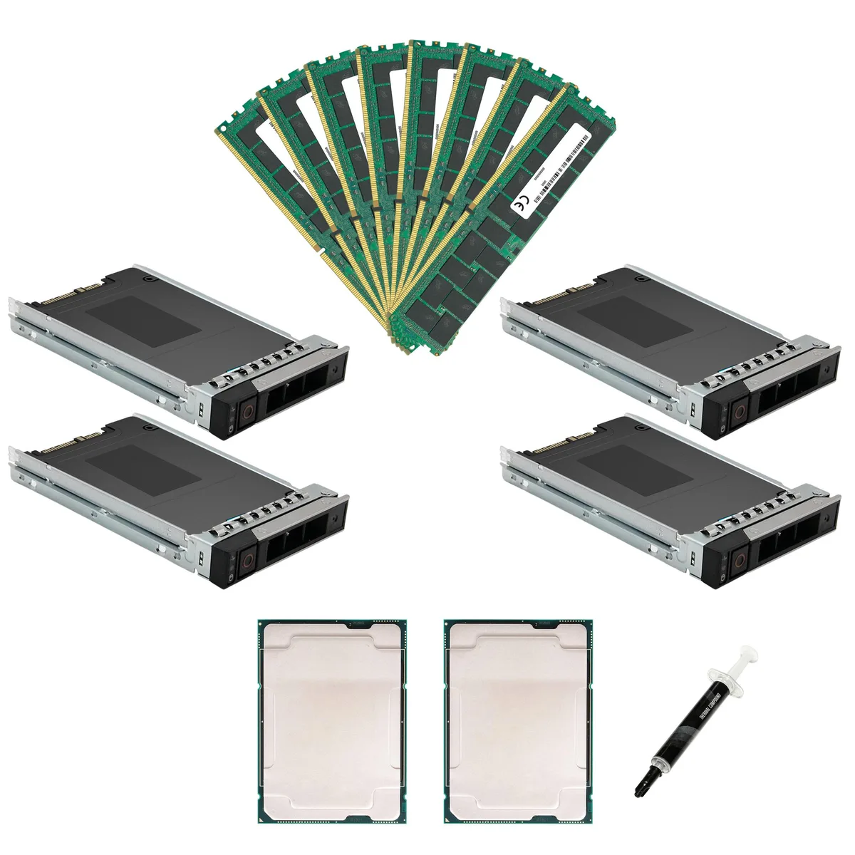 Two Intel Xeon Gold 6140 CPUs, DDR4 memory modules, and 2.5 inch SATA SSDs