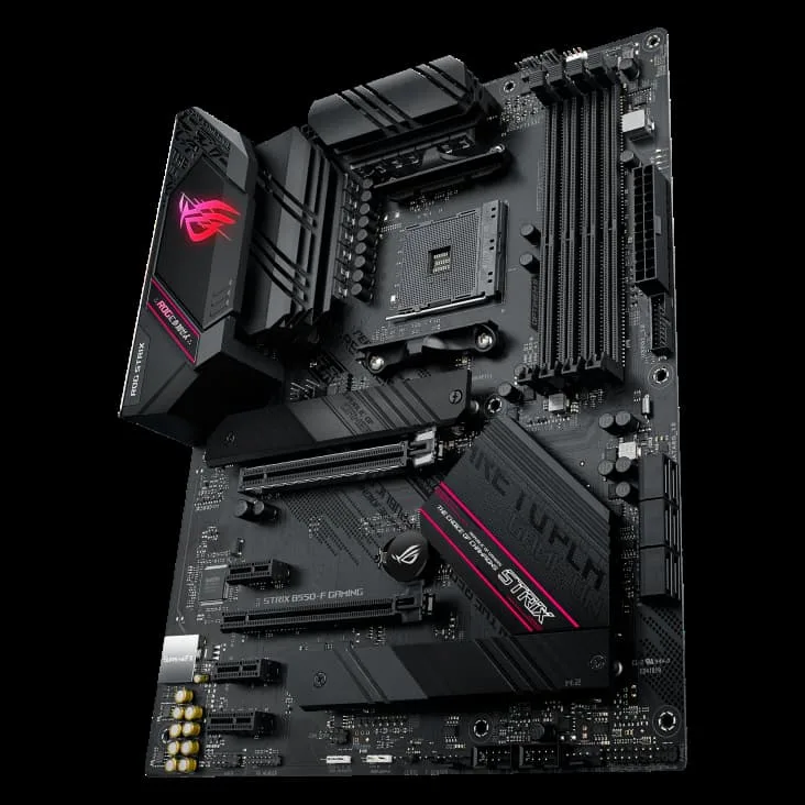 ATX motherboard with black heatsinks and silver accents