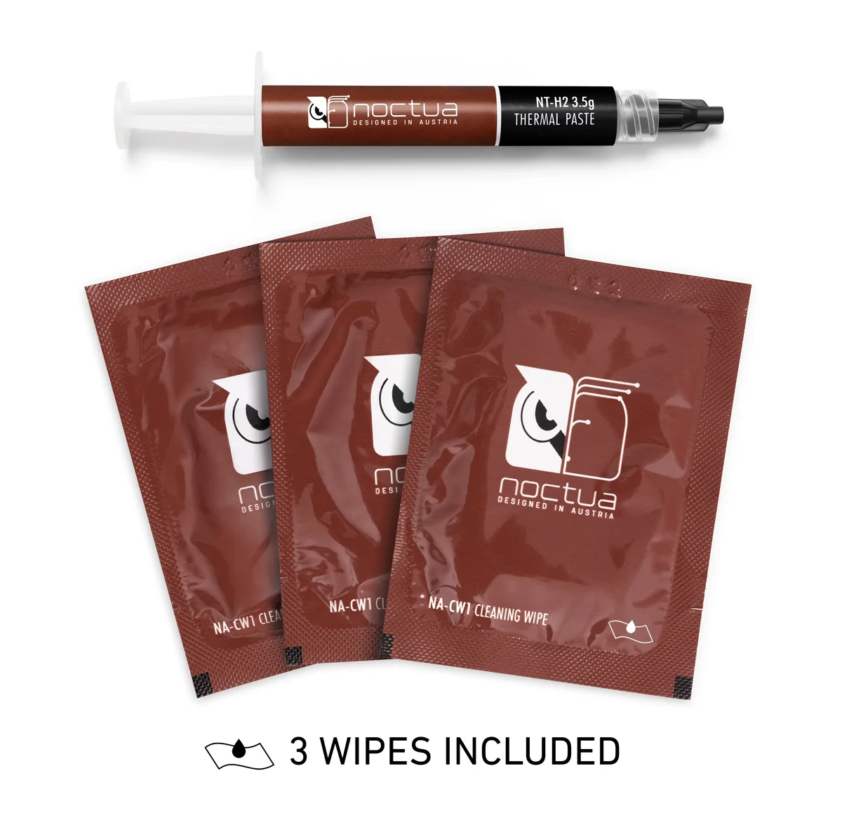 Small white tube of Noctua NT-H2 thermal paste with three cleaning wipes