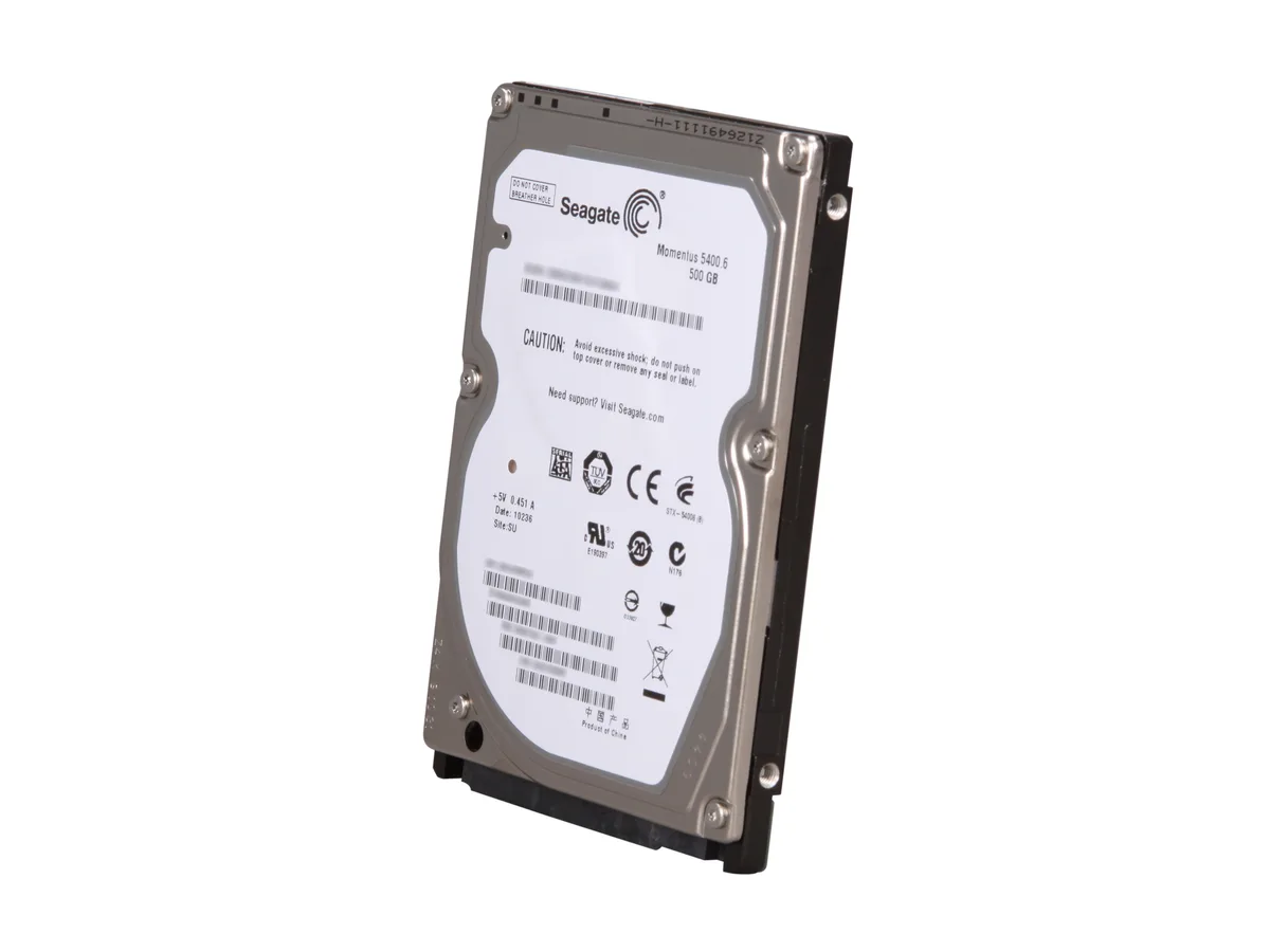 Silver rectangular 2.5 inch laptop hard drive with printed label