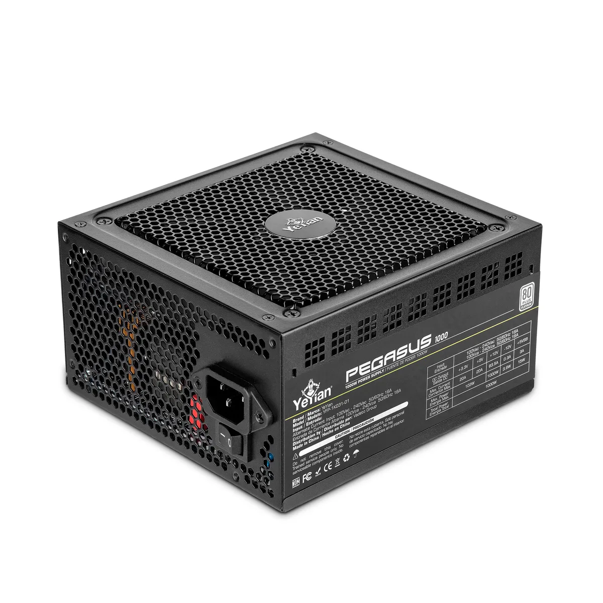 Black rectangular ATX power supply unit with modular cable ports and a single fan grille