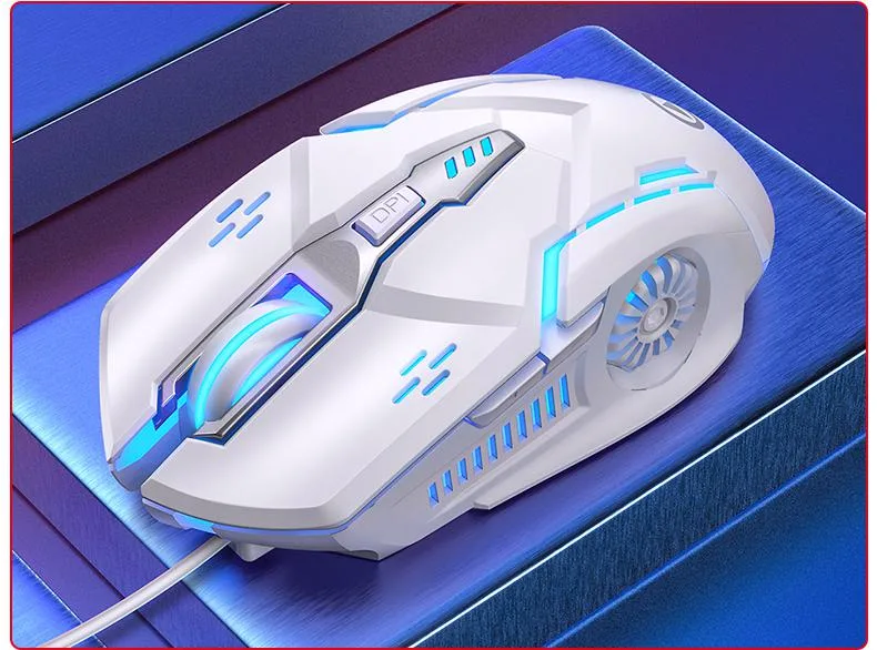 White wired gaming mouse with matte finish, RGB lighting, six buttons and 1.42 m cable