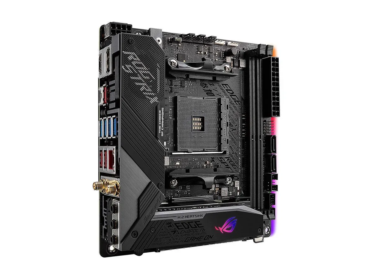 Compact Mini-ITX motherboard with black heatsinks and active VRM cooling