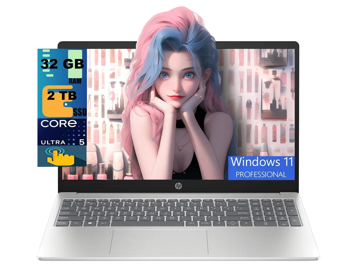 Silver HP 15 laptop, 15.6 inch FHD touchscreen, 0.73 inches thick