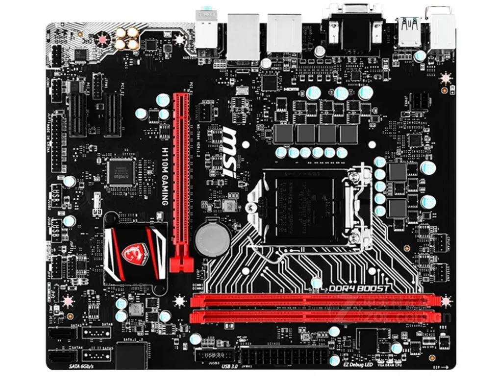 Green micro-ATX board with black PCIe slots and silver LGA 1151 socket