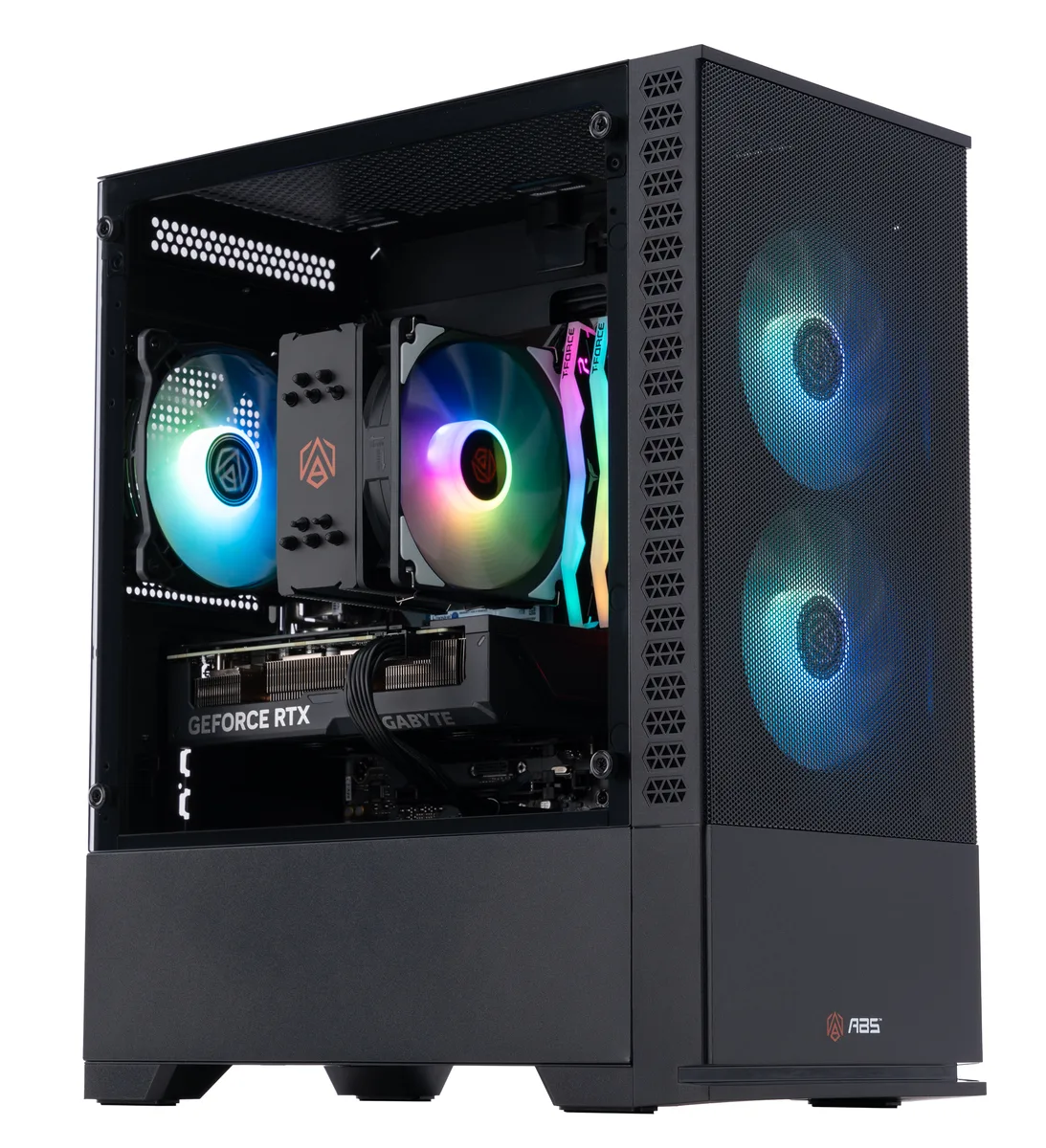 Black ABS Cyclone mATX gaming tower with RGB memory visible through side panel