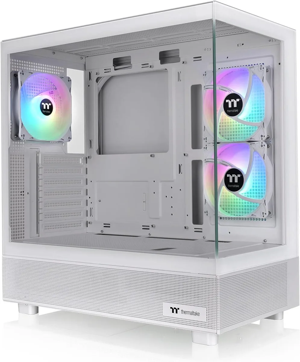 White mid-tower case with dual tempered glass panels and three ARGB fans visible