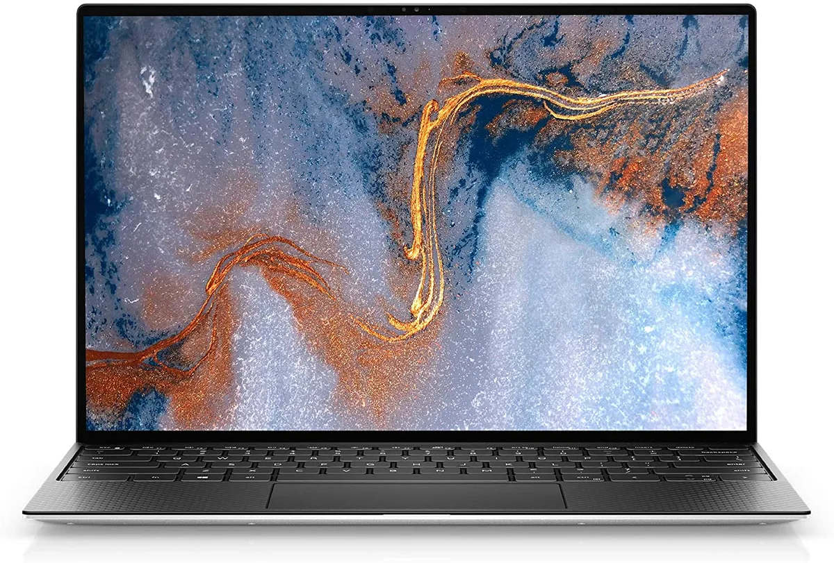 Silver ultra-thin laptop with edge-to-edge touchscreen and black palmrest