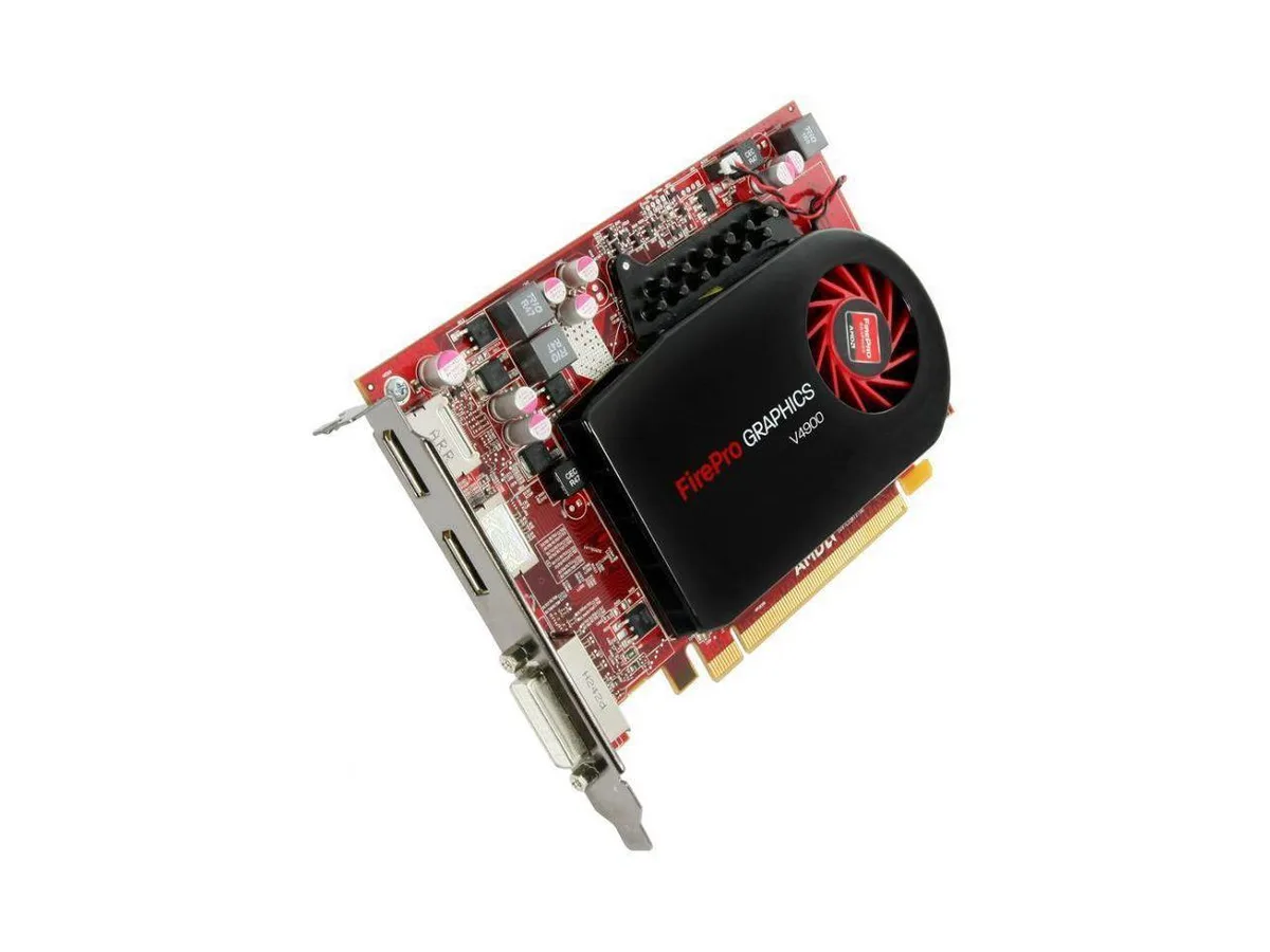Full-height single-slot graphics card, matte black PCB, dual DisplayPort and one DVI output, blower fan visible