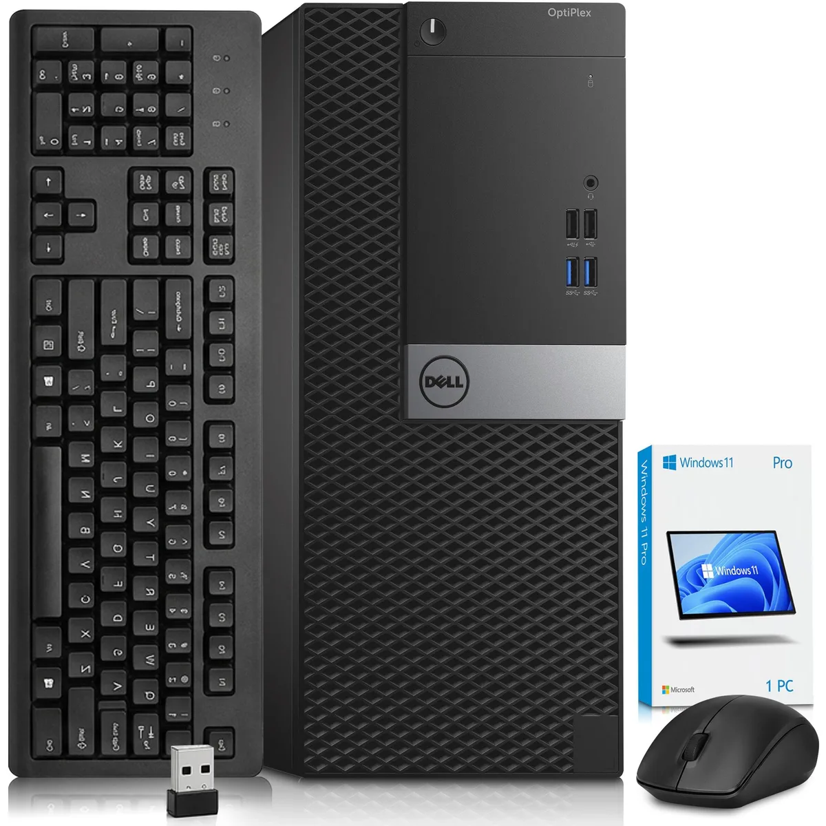 Black Dell OptiPlex 5040 tower desktop with wireless keyboard and mouse