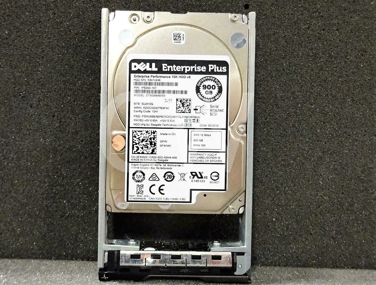 Silver 2.5 inch enterprise SAS hard drive with black Dell caddy tray