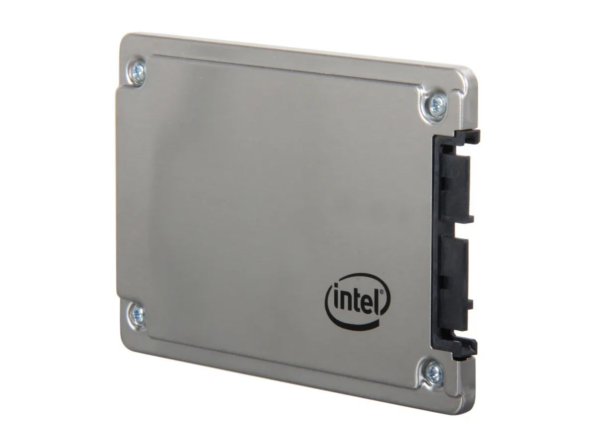 Silver rectangular SATA SSD with label showing Intel 320 Series 80GB