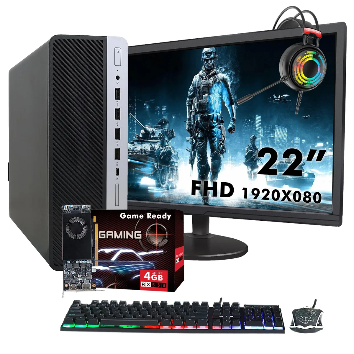 HP ProDesk 600 G3 SFF tower in black and silver with 22 inch monitor