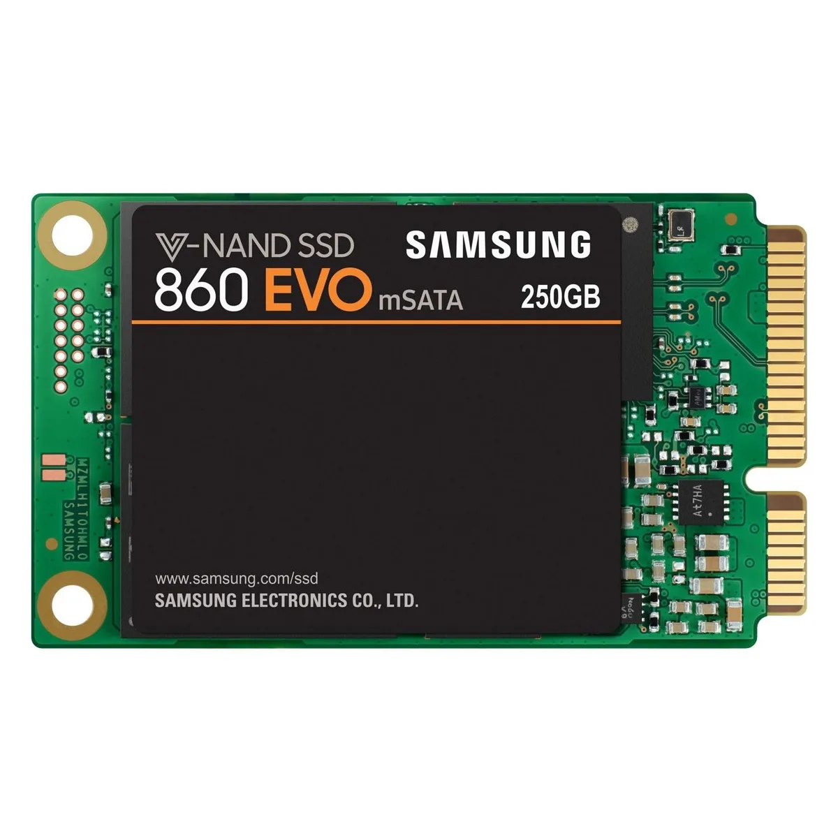 Rectangular 2.5 inch black metal drive with label showing 250GB capacity and SATA connectors