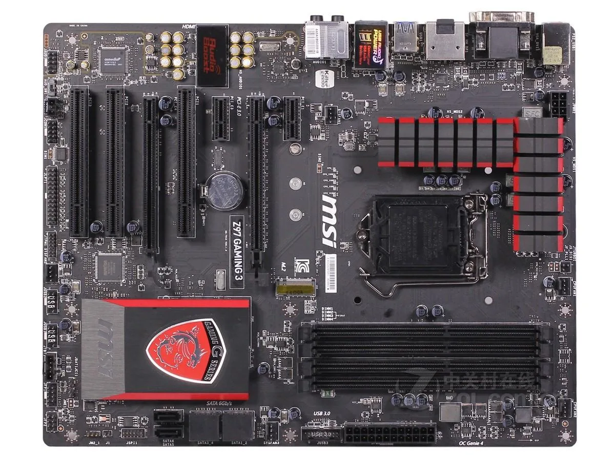 Rectangular ATX motherboard, black PCB with red accents, silver heatsinks, LGA 1150 socket, DDR3 slots, PCIe and PCI slots