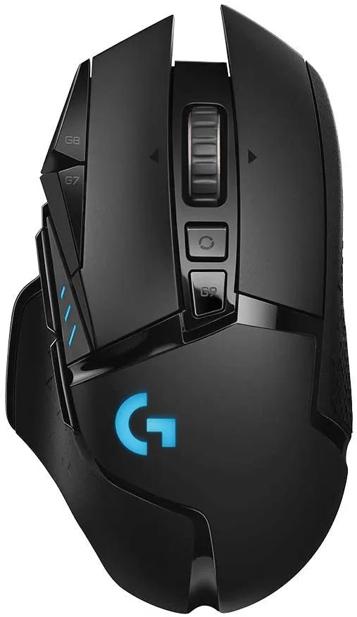Black wireless gaming mouse with ergonomic right-handed shape, matte finish, RGB lighting zones