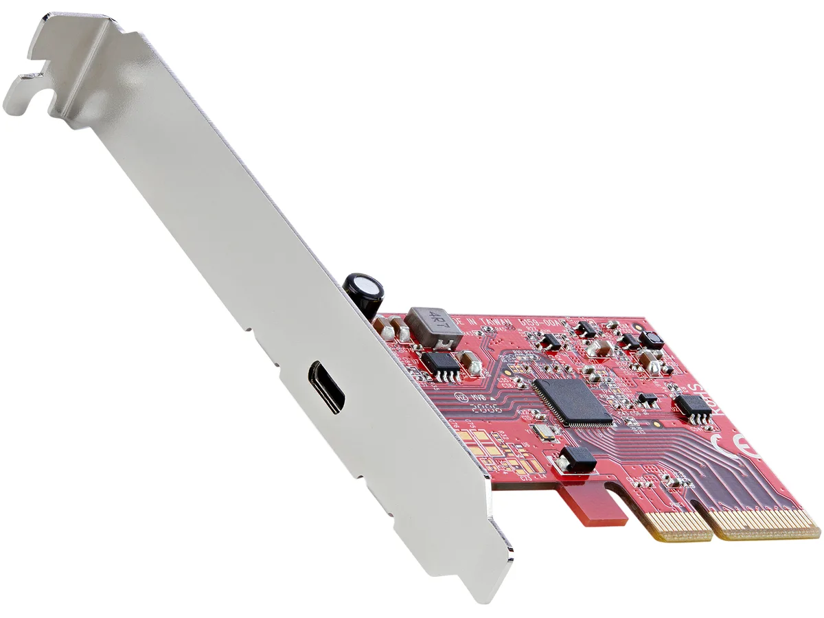 Green circuit board with silver PCIe connector and single USB-C port on metal bracket