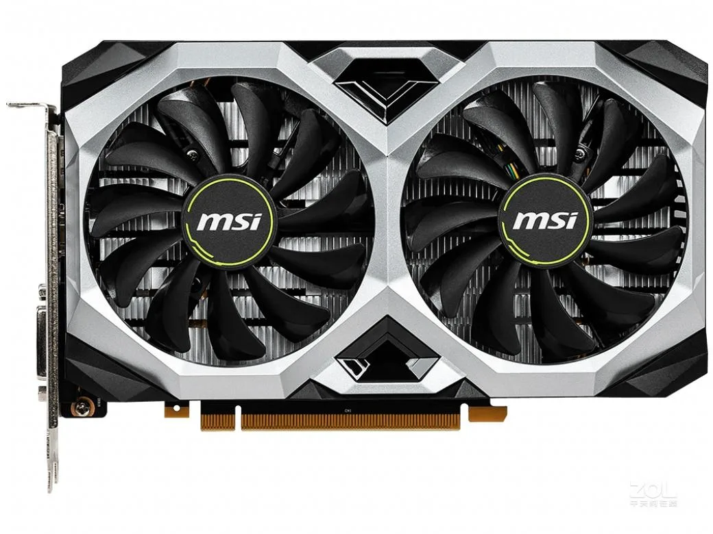 Compact dual-fan graphics card in matte black and silver finish