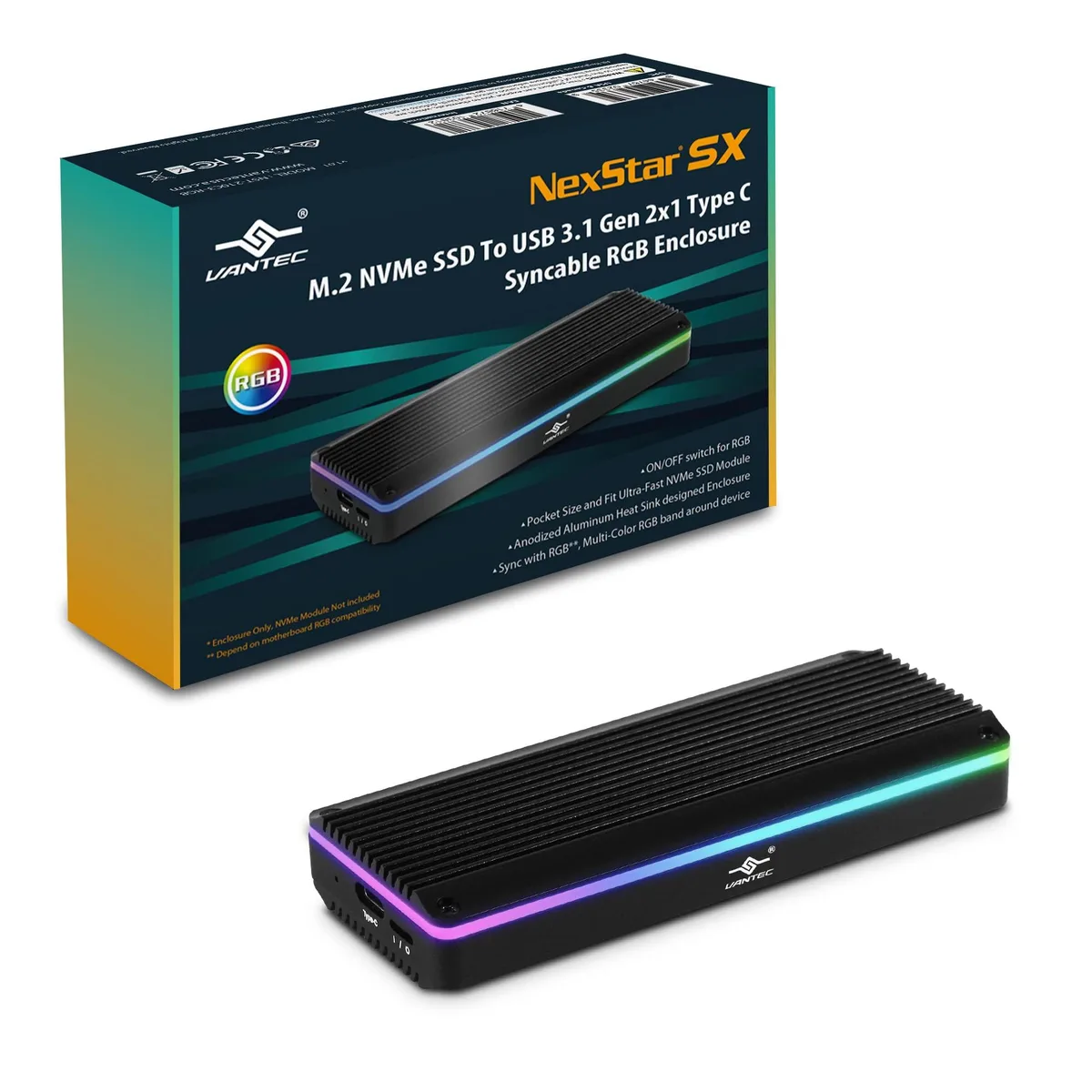 Black anodized aluminum M.2 SATA enclosure with RGB lighting, USB-C cable included