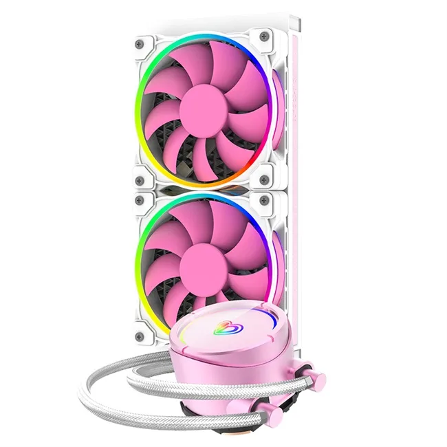 SXDOOL PINKFLOW 240 all-in-one liquid cooler with 240 mm radiator, two 120 mm RGB PWM fans, RGB pump head and remote controller