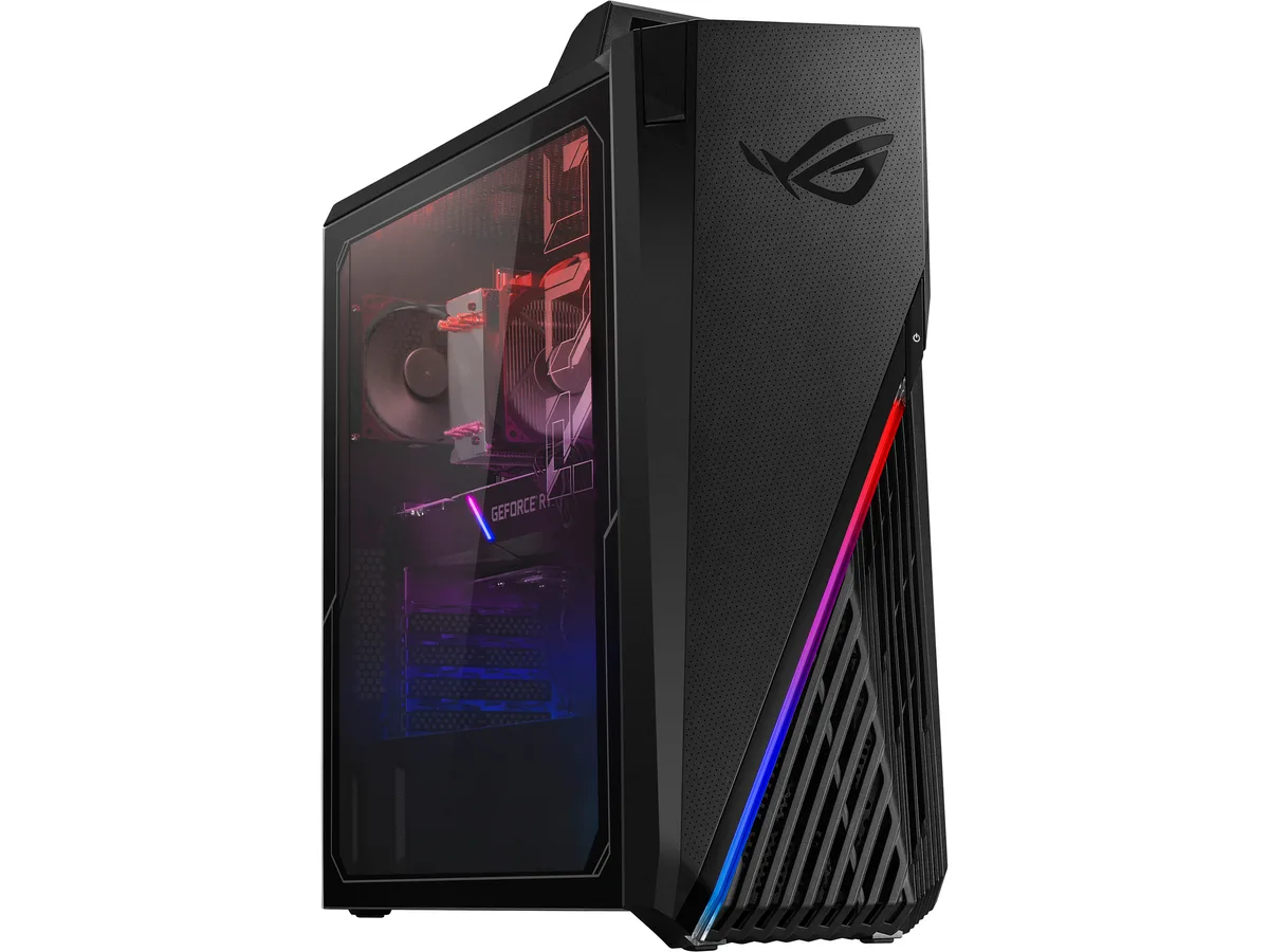 Black tower desktop with angular front panel and ROG branding