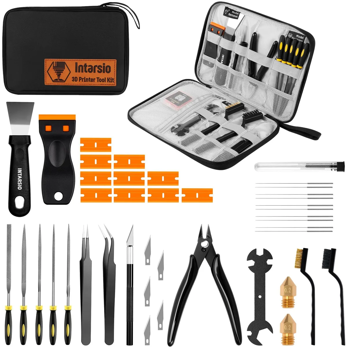 Open black case showing 34 stainless steel and brass 3D printer tools including scrapers, files, brushes, nozzles and wire cutter