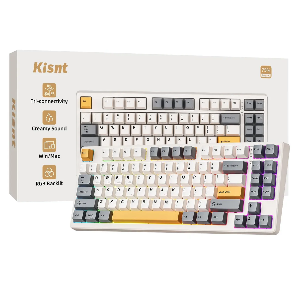 Compact 75% mechanical keyboard in retro beige with 85 keys and RGB lighting