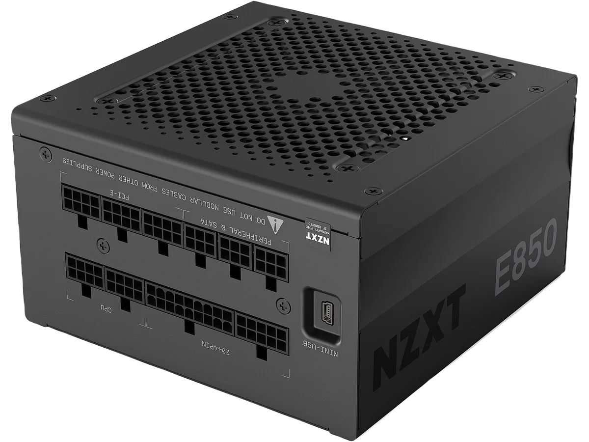 Black rectangular ATX power supply unit with modular cable sockets and a 120mm fan grille