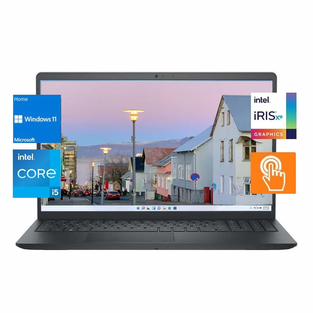 Black 15.6 inch touchscreen laptop with thin bezels and matte finish