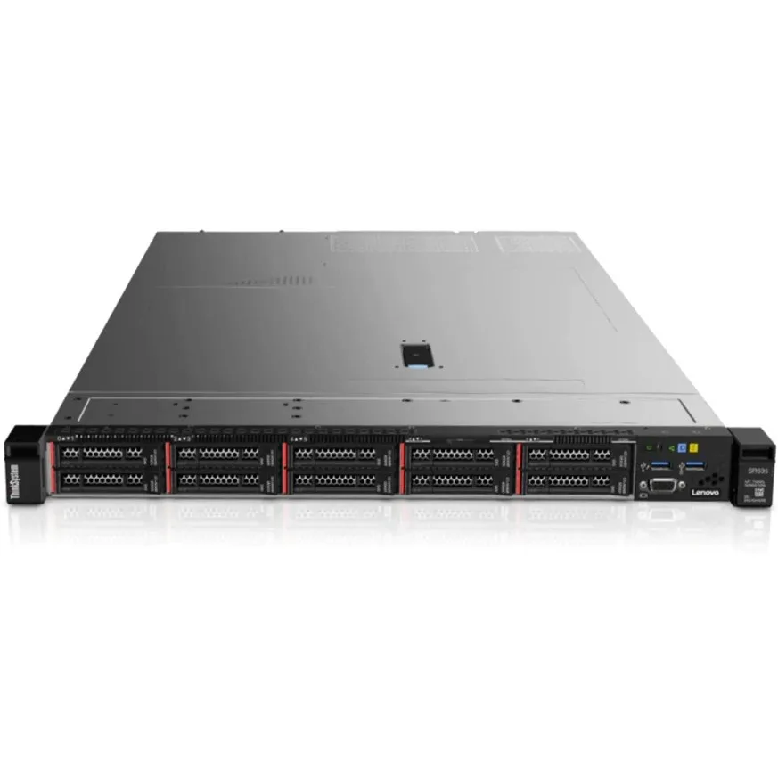 Lenovo ThinkSystem SR635 1U rack server, matte black chassis with front drive bays and ventilation grille