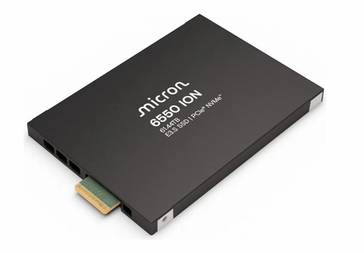 Rectangular E3.S enterprise SSD with green circuit board and silver label