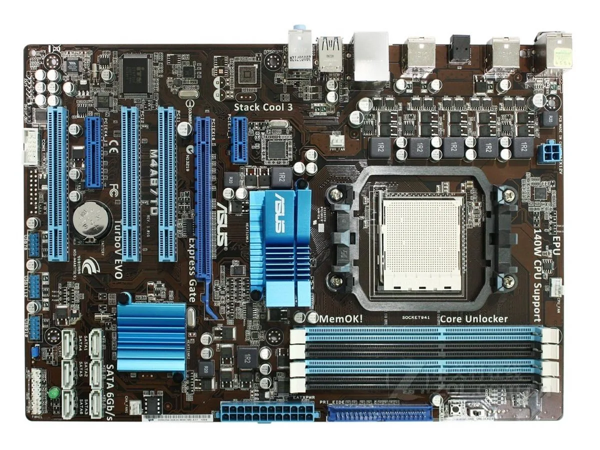 Green rectangular ATX motherboard with silver ports and black slots
