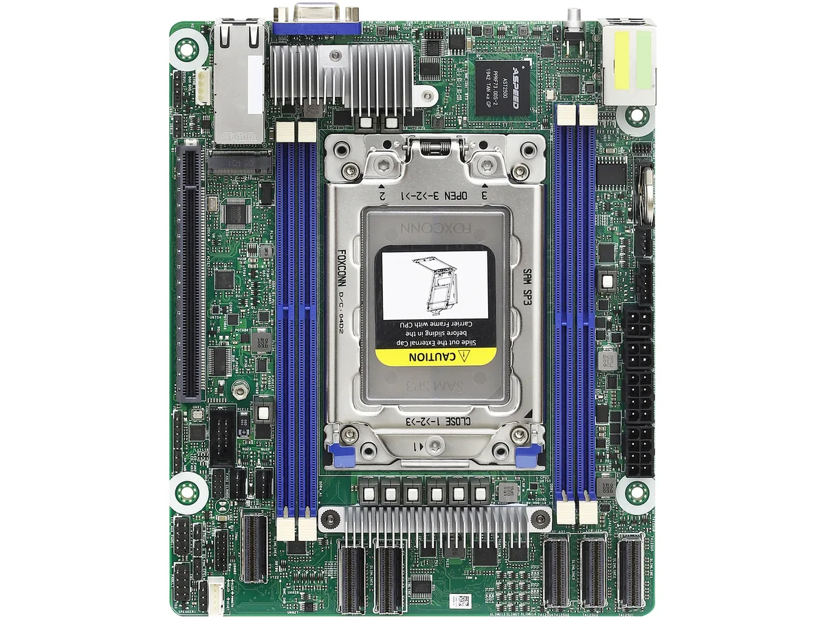 Green server motherboard, deep mini-ITX, SP3 socket, four DDR4 slots, PCIe 4.0 x16 slot, dual 10GbE RJ45, M.2 2280