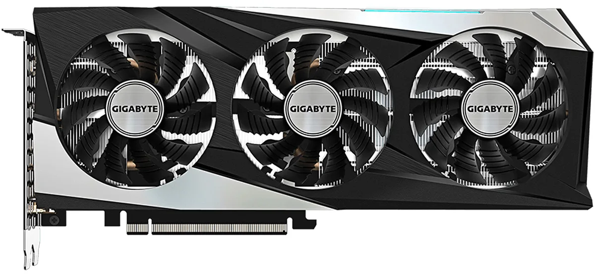 Full-length ATX graphics card with three alternating fans and a metal backplate