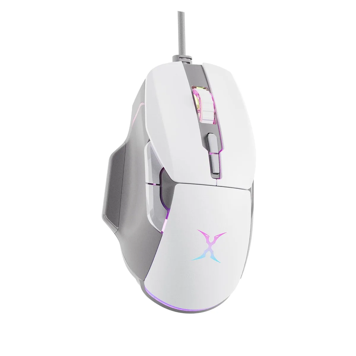White right-handed gaming mouse with braided cable and RGB lighting zones
