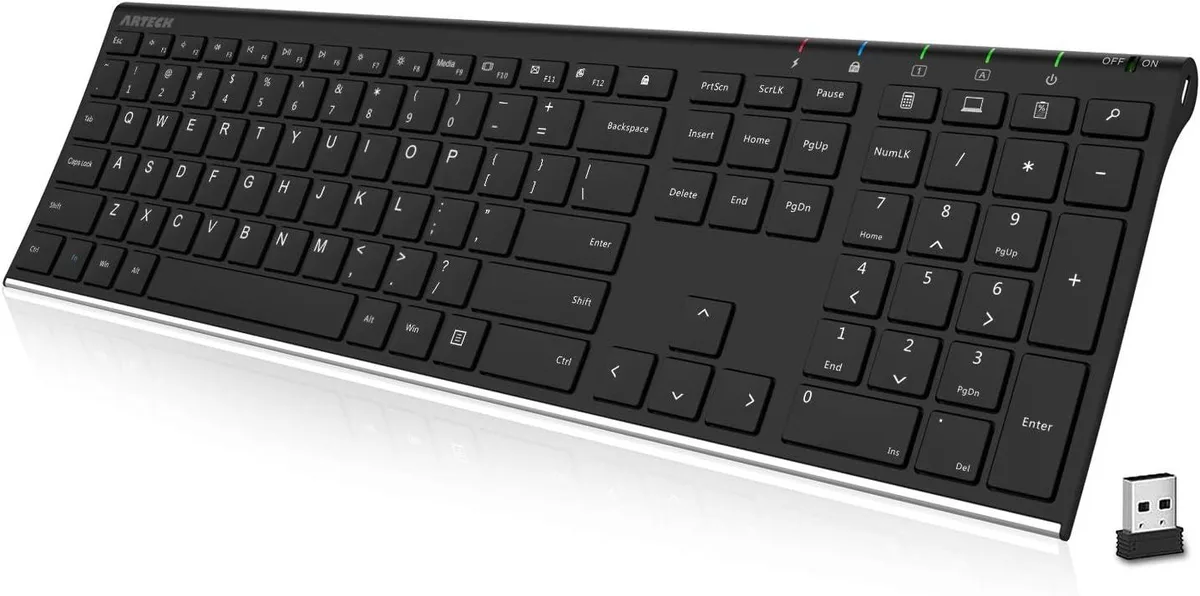 Ultra-thin stainless steel full-size wireless keyboard, 0.6in profile