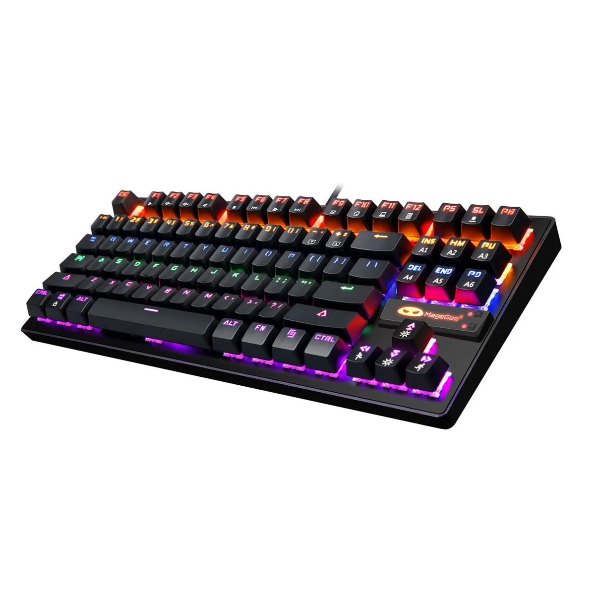 Black compact 87-key mechanical keyboard with RGB backlighting and blue switches